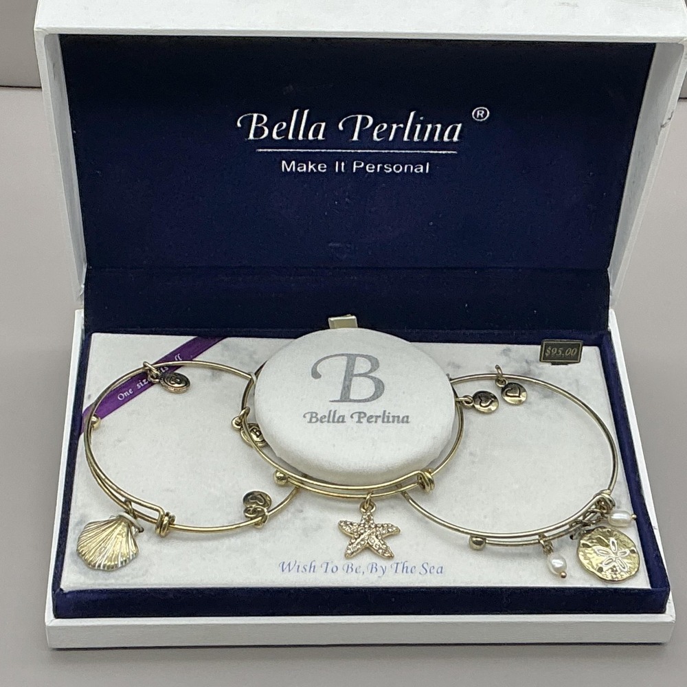 Bella Perlina Bracelet‎ Set Of 3 Gold Tone Sea Life Charm Bangle Womens Jewelry